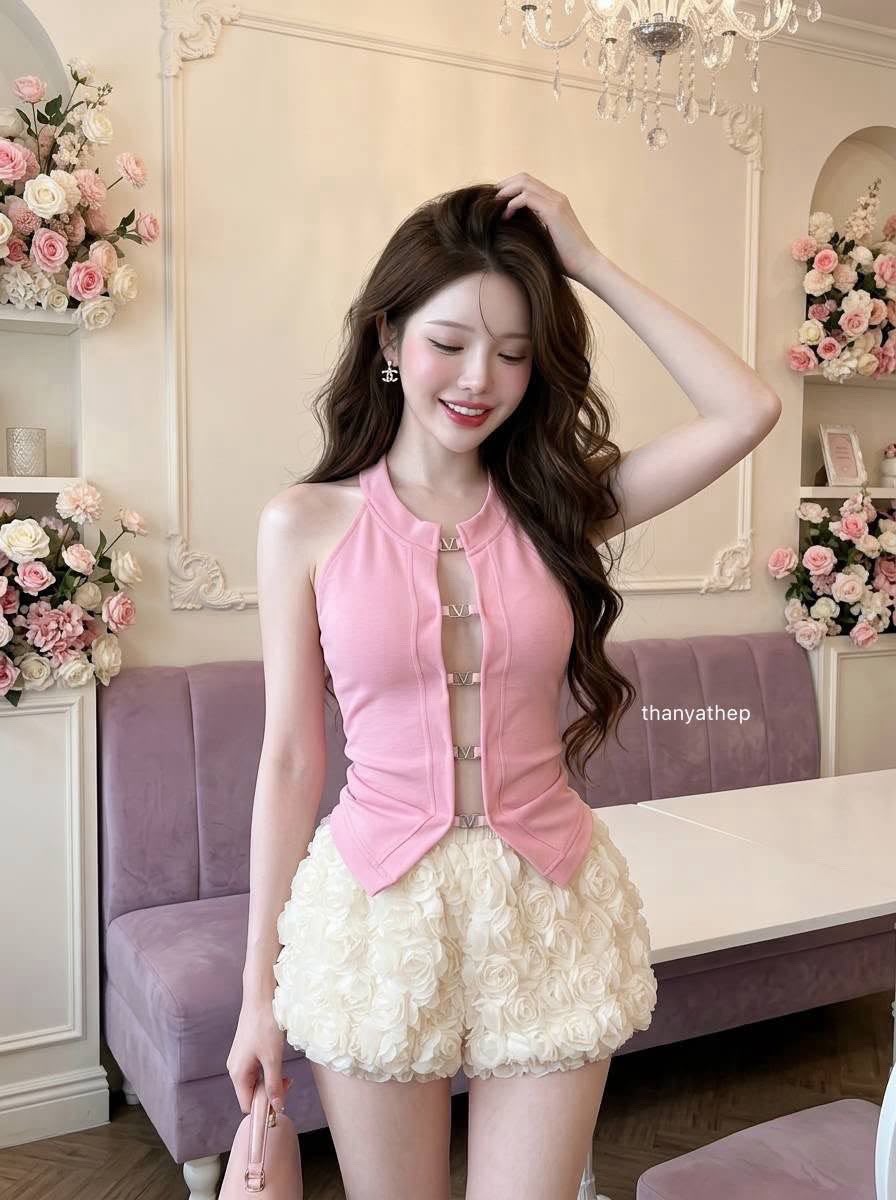 ชุดเซตสีชมพูและขาว ผ้าธัญเทพ